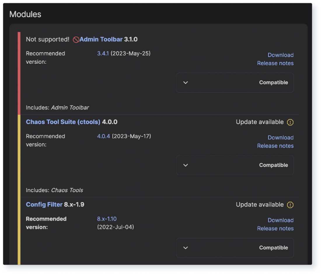 Screenshot of the Available updates report with status for modules.