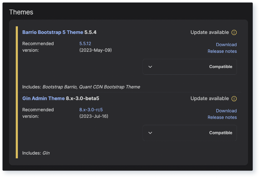 Screenshot of the Available updates report with status for themes