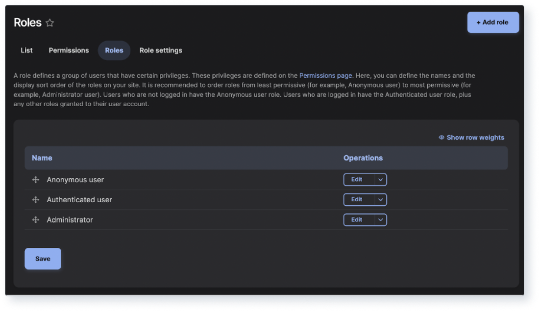 Screenshot of Drupal’s roles page.
