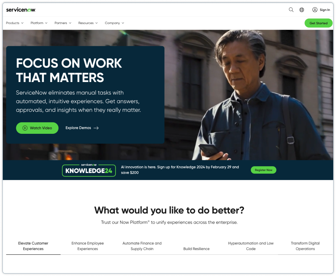 Screenshot of Servicenow homepage