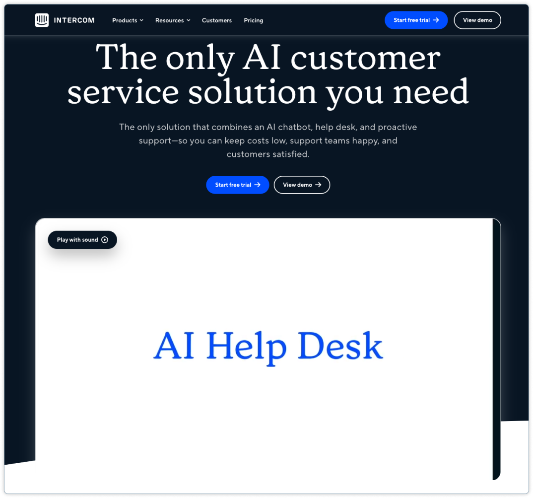 Screenshot of Intercom homepage