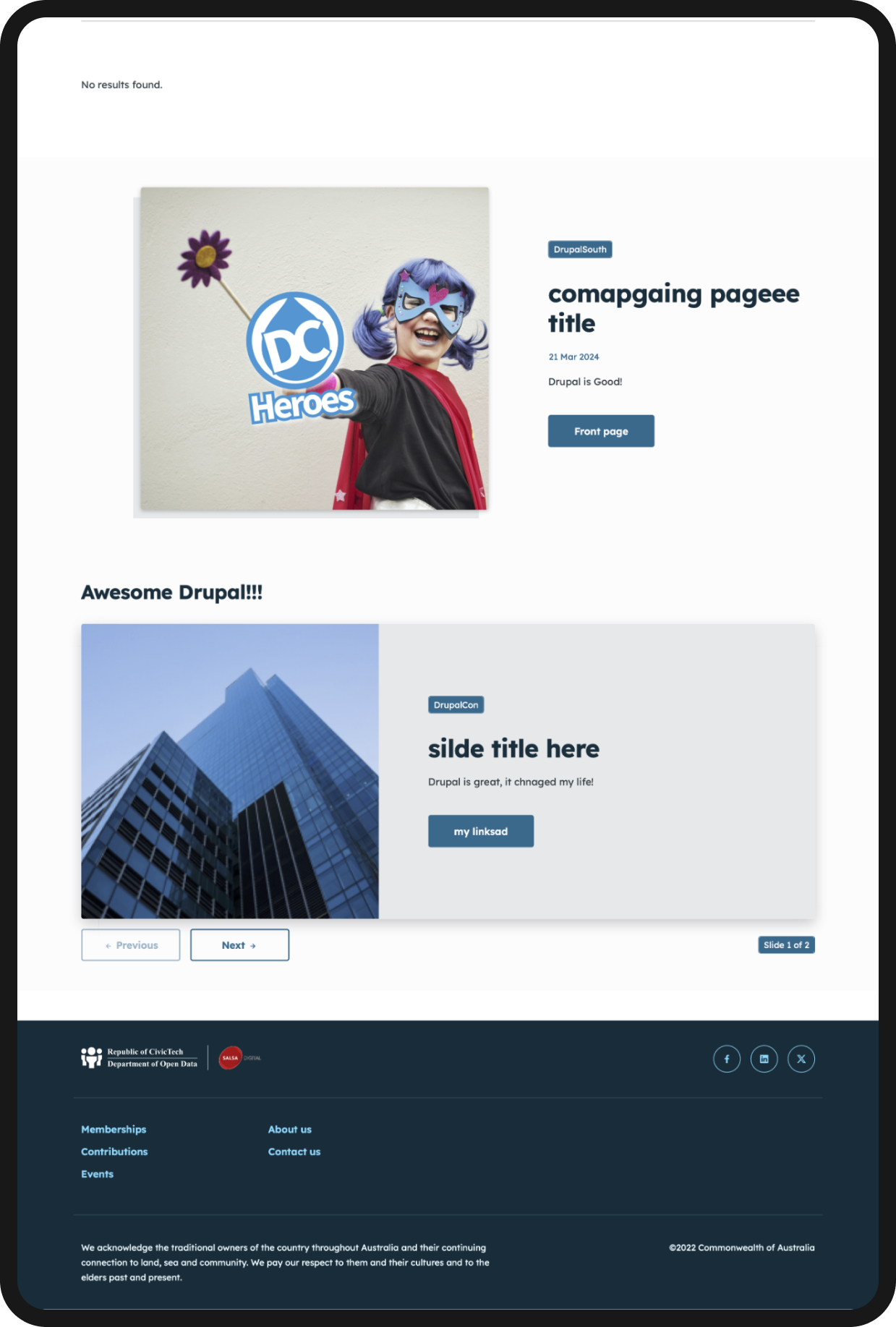 Screenshot of Joshua Graham's CivicTheme page for DrupalSouth Got Talent gameshow