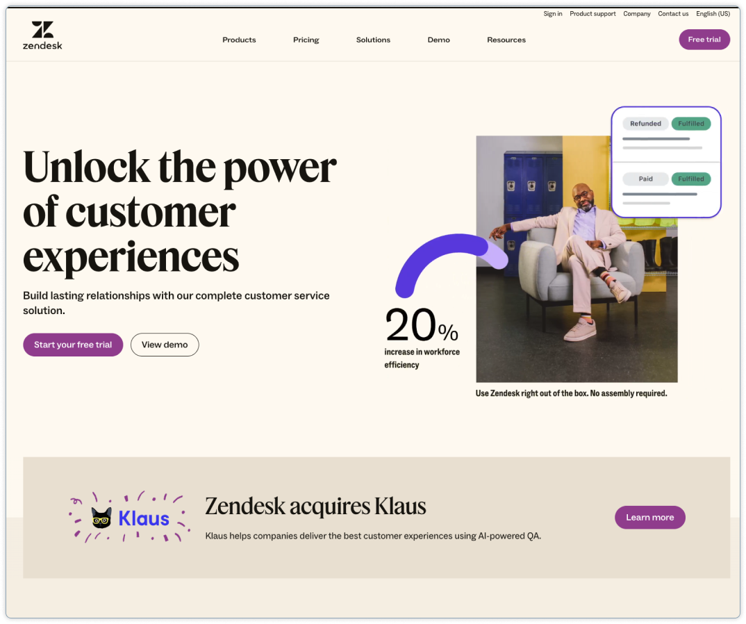 Screenshot of Zendesk homepage