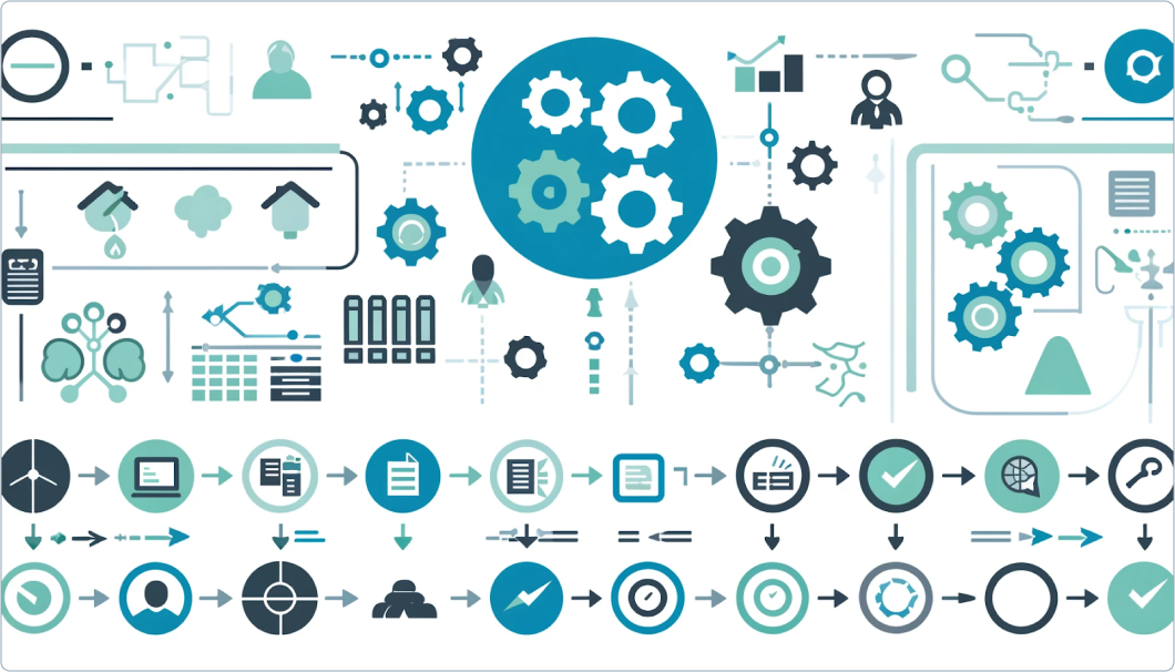 A complex illustration depicting various aspects of open source project governance, featuring interconnected icons such as gears, documents, and user avatars, symbolising the diverse components and workflows involved in managing an open source project.