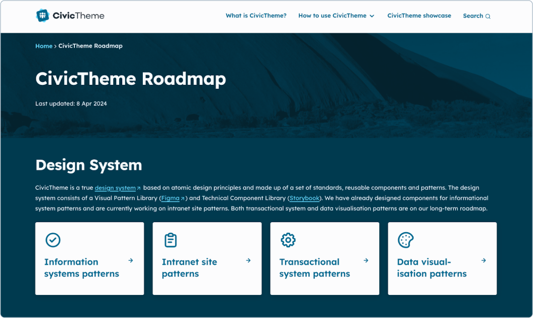 Screenshot of the CivicTheme Roadmap webpage, last updated on 8 April 2024. The page features a dark blue theme with an abstract mountain background. It includes a header with navigation links and the title ‘CivicTheme Roadmap’. Below, a section titled ‘Design System’ describes CivicTheme as based on atomic design principles with components like a Visual Pattern Library and a Technical Component Library. Icons represent different system patterns such as Information Systems, Intranet Site, Transactional Syst