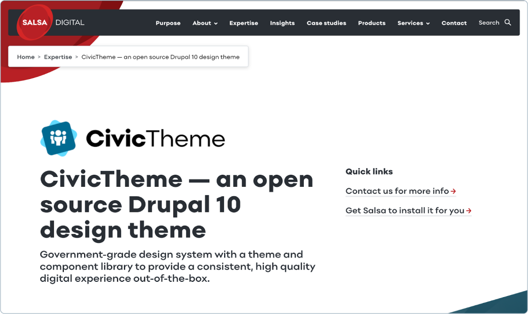 A screenshot of the CivicTheme section on the Salsa Digital website showcasing CivicTheme as an open-source Drupal 10 design theme. The page has a sleek design with a red and black header, displaying the Salsa Digital logo and menu options. It describes CivicTheme as a government-grade design system with a comprehensive component library aimed at delivering a consistent, high-quality digital experience straight out-of-the-box