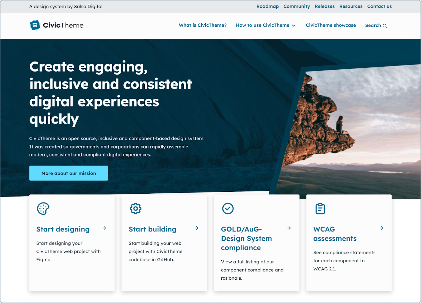 A screenshot of the CivicTheme homepage by Salsa Digital, showcasing a modern and sleek design. The header features the CivicTheme logo and navigation links. The main banner states, ‘Create engaging, inclusive and consistent digital experiences quickly’ against a backdrop of a dark blue abstract mountain. Below, three sections invite users to ‘Start designing’ with Figma, ‘Start building’ their web project in GitHub, and explore ‘GOLD/Aug-Design System compliance’ and ‘WCAG assessments.’ Each section is dep