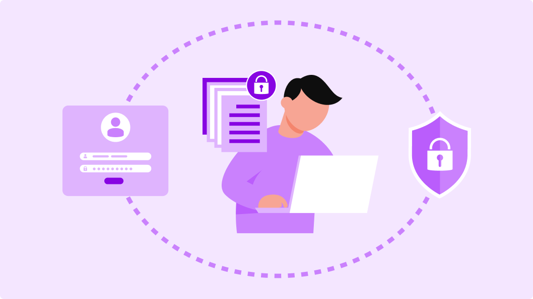 Illustration of a user working on a laptop with icons depicting user login information, document security, and a shield with a padlock, symbolizing content access and permission management in a secure digital environment.