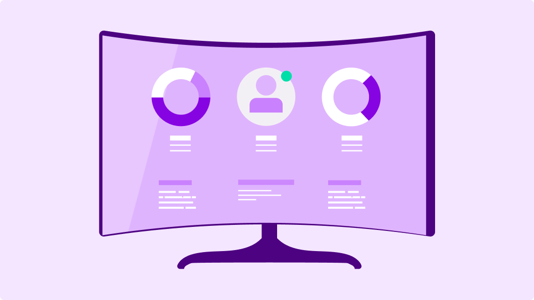 Illustration of a curved monitor displaying three user activity dashboards. Each dashboard includes a circular progress bar, a user icon with a status indicator, and lines of text presumably detailing user activity metrics. The graphical representation suggests the monitoring of user engagement and analytics