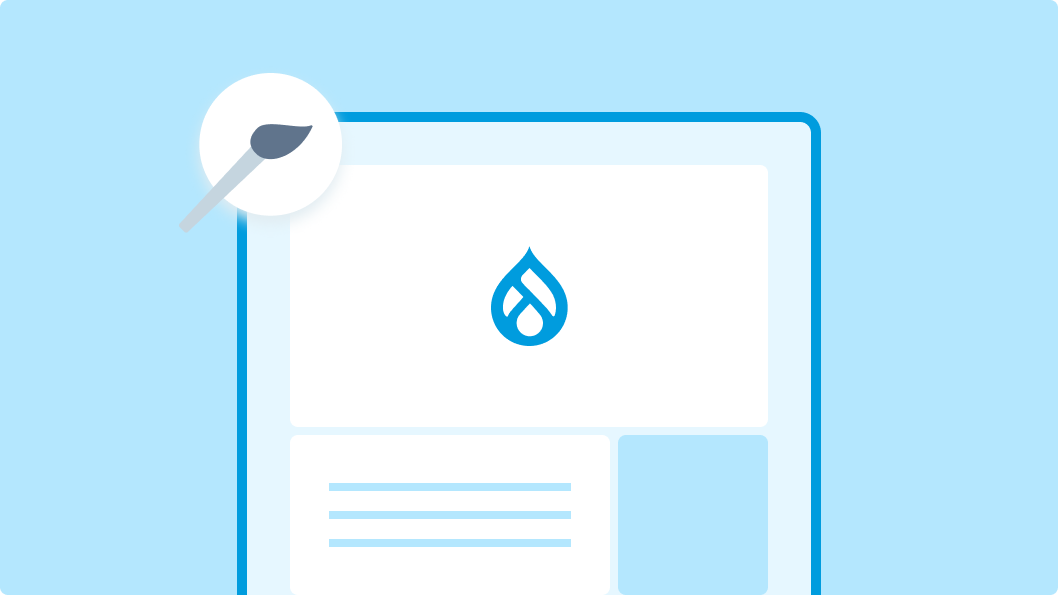 Illustration of a web page layout with the Drupal logo in the centre, representing Drupal’s theming flexibility. A paintbrush icon in the corner symbolises customisation options, highlighting the adaptability of the platform’s design.